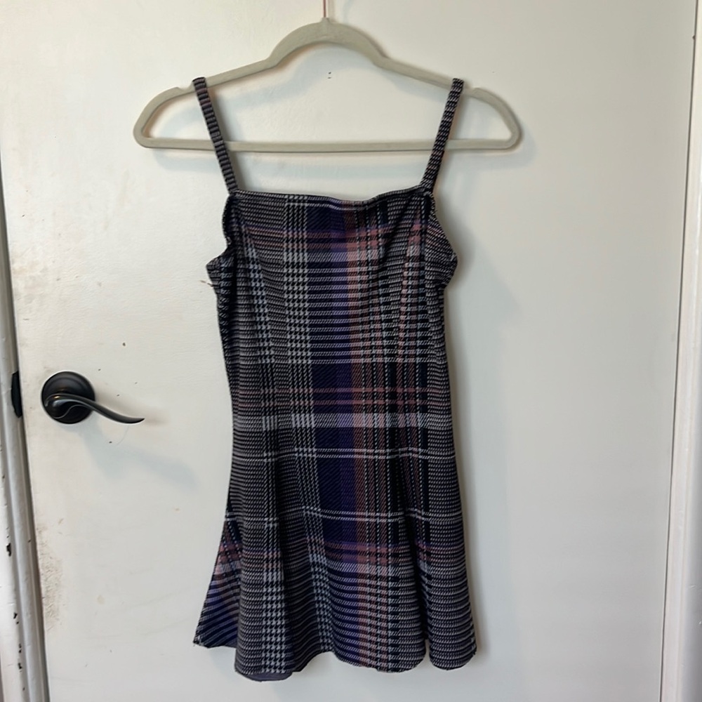 Plaid jumpsuit mini dress, 2010s goth emo, purple, black, necessary objects